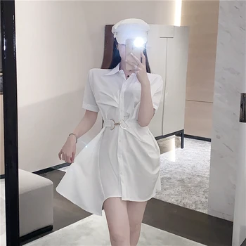 Moterų Kietas Atsitiktinis Slim Mygtukai Trumpas Rankovės Nereguliarus Marškinėliai Suknelė Office Ponios Vasaros Elegantiškas Korėjos Seksuali Mini Suknelė