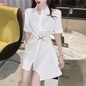 Moterų Kietas Atsitiktinis Slim Mygtukai Trumpas Rankovės Nereguliarus Marškinėliai Suknelė Office Ponios Vasaros Elegantiškas Korėjos Seksuali Mini Suknelė