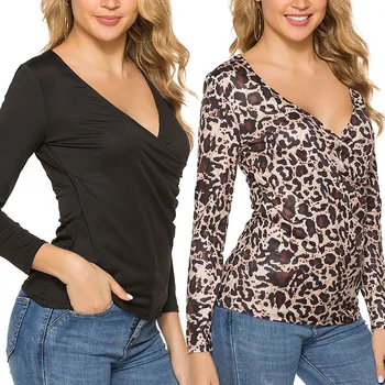 Moterų Leopard Ilgomis Rankovėmis Atsitiktinis T Shirts 2019 M. Rudenį, Pavasarį Giliai V Kaklo Spausdinti Slim Fit Pusėje Raukšlėtis Viršūnes Tee Marškinėliai