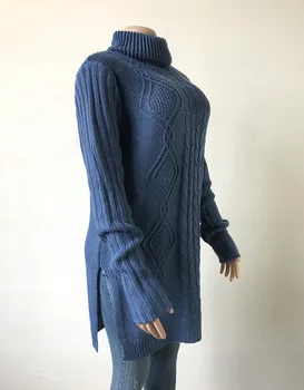 Moterų megztinis ilgas hem ritininės susukti golfo megztinis (puloveris)