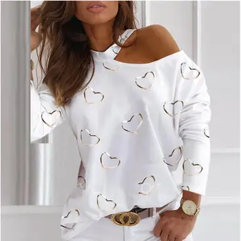 Moterų Rudenį Atsitiktinis Širdies Spausdinti Marškinėliai, Elegantiškas Off Peties, O Kaklo, Ilgomis Rankovėmis Viršų Mados Lady Apynasrio Marškinėliai Streetwear