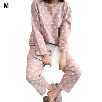 Moterų Sleepwear Viršūnes Kelnės Megztinis Polka Dot Namų Atsitiktinis Mielas Įgulos Kaklo Pižama Prarasti ilgomis Rankovėmis 2VNT