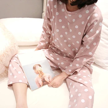 Moterų Sleepwear Viršūnes Kelnės Megztinis Polka Dot Namų Atsitiktinis Mielas Įgulos Kaklo Pižama Prarasti ilgomis Rankovėmis 2VNT