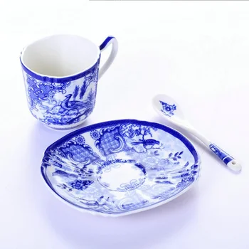 Mėlynos ir Baltos Keramikos Glazūra Spalvos Kavos Puodelio Europos Tauriųjų Kaulų Kinija Kavos Puodelio Lėkštė Šaukštas Rinkinys, 200ml Prabanga Keramikos Puodelis Viršų