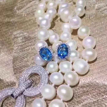 Natūralus mėlynas topazas perlas stud auskarai, 925 sidabras Natūralus akmuo auskarai moterų mados elegantiškas, Paprastas apvalus Auskarai papuošalai
