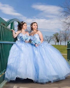 Naujas Atvykimo Prabanga Dangus Mėlynas Kamuolys Suknelė Quinceanera Suknelės 3D Gėlių Zawalcowany Saldus 16 Suknelė Spalvingas Vestidos De 15 Anos 2021