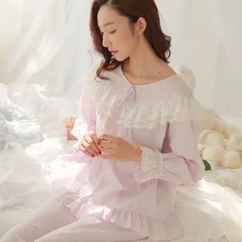 Naujas Mielas Rudenį Moterys Royal Modalinis Pižama Nustatyti Lady Pyjimas Tuščiaviduriai Nėrinių Sleepwear Retro Stiliaus QW1873