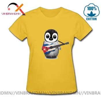 Nostalgiškas Stiliaus Vasaros Viršūnes Nauja Kuba Gerbėjų Nudžiuginti Tshirts Moterų Pingvinas Gitaros Kuba Nacionalinės Vėliavos Dizainas Tee Marškinėliai Medvilniniai marškinėliai