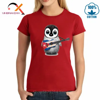 Nostalgiškas Stiliaus Vasaros Viršūnes Nauja Kuba Gerbėjų Nudžiuginti Tshirts Moterų Pingvinas Gitaros Kuba Nacionalinės Vėliavos Dizainas Tee Marškinėliai Medvilniniai marškinėliai