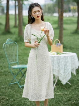 Nufotografuokite naują stilių, prancūzijos burbulas rankovės Derliaus Moterų suknelė su ažūrinės figūrinių siuvinėjimo 2020 m. vasarą