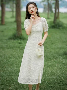 Nufotografuokite naują stilių, prancūzijos burbulas rankovės Derliaus Moterų suknelė su ažūrinės figūrinių siuvinėjimo 2020 m. vasarą