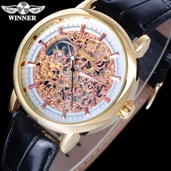 NUGALĖTOJAS mados atsitiktinis vyrų mechaninė vertus vėjo laikrodžiai odinis dirželis skeletas surinkite aukso atveju, analoginius laikrodžius reloj hombre