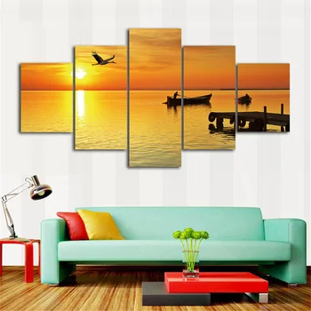 Nuotraukos HD Spaudinių Plakatas Sienos Kambarį 5 Skydelis Saulėlydžio Jūroje Valtis Kraštovaizdžio Puošmena Namuose, meno Kūriniai, Drobė Paveikslų