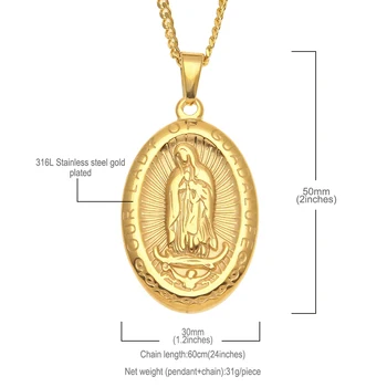 Ovalo formos Titano Plieno Religinių Karoliai Our Lady of Guadalupe Stebuklingas Medalis Pakabukas Nerūdijančio Plieno Virgen de Katalikų Pav.