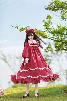 Palace saldus princesė lolita dress Peter pan apykaklės derliaus aukšto juosmens spausdinimo viktorijos nėrinių suknelė kawaii girl cosplay cos