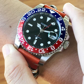 Parnis 40mm Raudona Juoda Bezel Mechaninė Automatinė vyriški Laikrodžiai GMT Sapphire Kristalas Kalendorius Relogio Masculino Vaidmenį Prabanga 2020 m.
