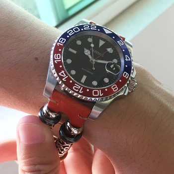 Parnis 40mm Raudona Juoda Bezel Mechaninė Automatinė vyriški Laikrodžiai GMT Sapphire Kristalas Kalendorius Relogio Masculino Vaidmenį Prabanga 2020 m.