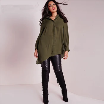 Plus Size 6xl 5xl moterims palaidinės, marškinėliai 2016 m. Rudenį Naujų Asimetrija Mygtuką ilgomis Rankovėmis moteriška palaidinė Armijos Žalioji Moteriškas drabužių
