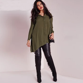 Plus Size 6xl 5xl moterims palaidinės, marškinėliai 2016 m. Rudenį Naujų Asimetrija Mygtuką ilgomis Rankovėmis moteriška palaidinė Armijos Žalioji Moteriškas drabužių