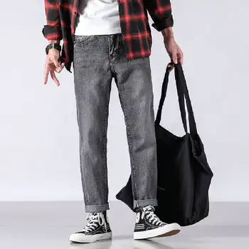 Populiarus logotipas skyle tiesiai džinsai vyrų han edition laisvalaikio tendencijas rudens naujo fondo elastinės kelnės tamsiai pilkos spalvos,