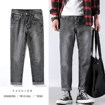 Populiarus logotipas skyle tiesiai džinsai vyrų han edition laisvalaikio tendencijas rudens naujo fondo elastinės kelnės tamsiai pilkos spalvos,