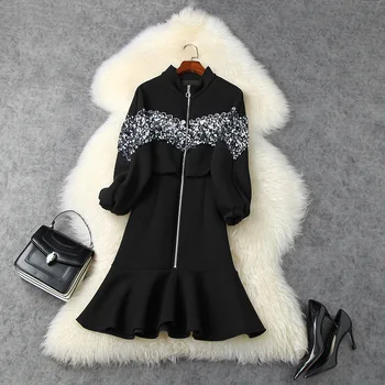 Prabangūs juodos/pilkos spalvos blizgučiais moteris suknelė 2020 m. rudens žiemos kilimo ir tūpimo tako dizainerių, elegantiškas ruffles ilgomis rankovėmis medvilnės mermaid dress