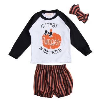 Pudcoco Vaikams Baby Girl Helovinas Moliūgų Viršūnės T-shirt+ Dryžuotas Trumpas Kelnes Lankelis Apranga Medvilnės Vaikų Drabužių Rinkinys
