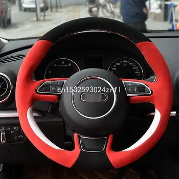 Ranka prisiūta Juoda Raudona Suede Baltos Odos Automobilio Vairo Dangtelis Audi A3 A5 A7 A1