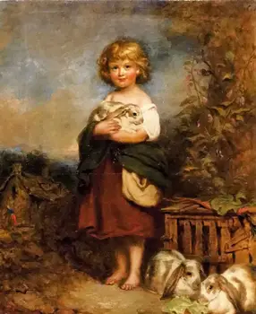 Rankų darbo Aliejaus tapybai richard buckner - pet triušiai jauna mergina su gyvūnais kraštovaizdžio