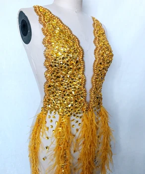 Rankų darbo aukso siūti Cirkonio aplikacijos Stručio plunksna apdaila apdaila pleistrai 77*34cm, vestuvių suknelė priedų