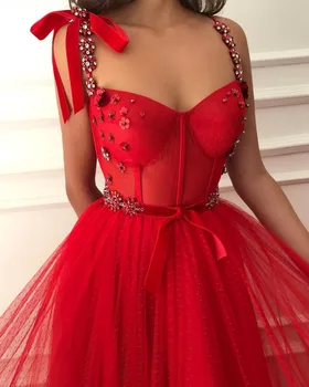 Raudona Musulmonų Vakaro Suknelės 2020-Line Tiulio Brangioji Kristalų Dirželiai Islamo Dubajus, Saudo Arabų Ilgai Oficialų Vakare Gown