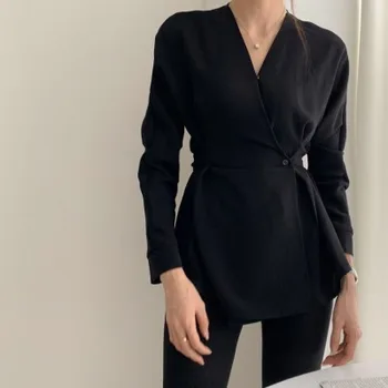 Retro ilgas rankovėmis V apykaklės juodi marškinėliai, moterų 2020 m. naujų biuro moterų darbo drabužiai, moterų palaidinė marškinėliai skaistalai.
