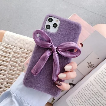 Romantiška Violetinė Lankas-mazgas Pliušinis Pūkas Telefono dėklas Skirtas iPhone 11 Pro Max XR X XS Max 7 8 Plus SE 2020 m., Minkštas Mados Galinį Dangtelį Coque