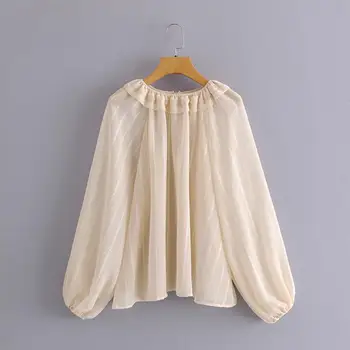 Rudenį ir žiemą 2020 šifono ilgomis rankovėmis negabaritinių žibintų rankovės žakardinės medvilnės marškinėliai atsitiktinis šalies laisvi elegantiškas moterų viršų