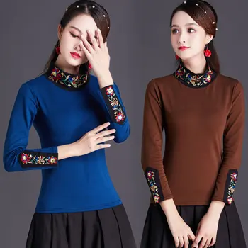 Rudenį, Žiemą marškinėliai Moterims Siuvinėjimo Golfo T-shirt, Derliaus Kinų Stiliaus Viršaus Tee Moters Drabužius Indie Folk Plius Dydis 6XL