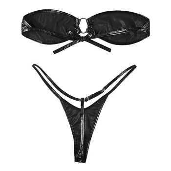 TiaoBug Moterų Blizga Metalo Seksualus apatinis Trikotažas Nustatyti Stebėjimo Kaklaraištis Atgal Mini Bikini Liemenėlė Viršūnės su Dirželius G-String Apatiniai Paplūdimio