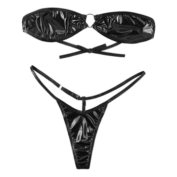 TiaoBug Moterų Blizga Metalo Seksualus apatinis Trikotažas Nustatyti Stebėjimo Kaklaraištis Atgal Mini Bikini Liemenėlė Viršūnės su Dirželius G-String Apatiniai Paplūdimio