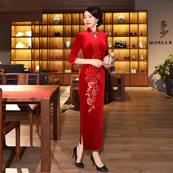 Tradicinis kinų Ilgai Cheongsam Moterų Aksomo Suknelė Dydis M-3XL