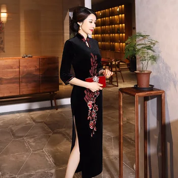 Tradicinis kinų Ilgai Cheongsam Moterų Aksomo Suknelė Dydis M-3XL
