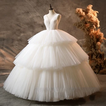 TuTu Grindų Ilgis Vestuvių Suknelės 2020 V-Kaklo Klostes Nuotakos Suknelė Nėrinių Vestido De Noiva 3 Sluoksnių Vestuvinė Suknelė