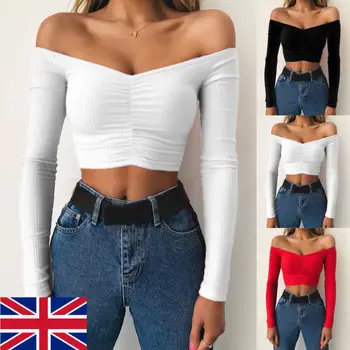 UK Moterų Atsitiktinis ilgomis Rankovėmis Megztinis Marškinėliai Rudenį Ponios Sexy Bodycon Off Peties Kietas Pasėlių Top Marškinėliai Naujas