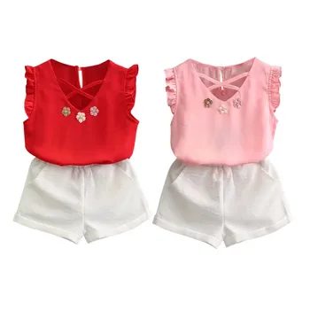 Vasaros Baby Girl Kietas Drabužius Saldus Rankovių Šifono, T-marškinėliai, Topai, Šortai 2VNT Komplektus Drabužių Nustatyti sx1