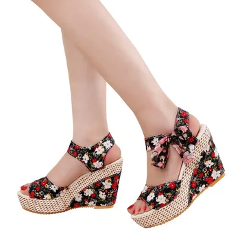 Vasaros Bateliai Moteris Gėlių Peep Toe Pleištai Nėrinių Storio Apačioje Flatform Batai, Sandalai Zapatos Mujer Tacon Sexy#G30