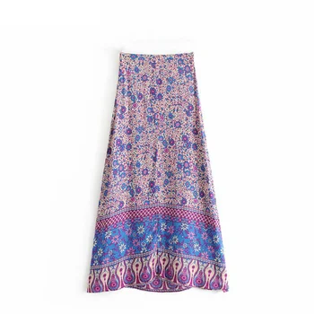 Vasaros mados moterų paplūdimio Bohemijos violetinė gėlių spausdinti sijonas Aukštos Elastinga Juosmens-Line Boho Maxi Sijonas Femme