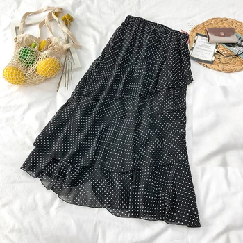 Vasarą Moterys Šifono Polka Dot Sijonas Moteris juodais taškeliais, Klostuotas Sijonas Paplūdimys-Line Plus Size Jupe Femme Sijonas