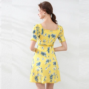Vasarą naujos mados spausdinimo geltona gėlė aikštėje apykaklės hablo-burbulas rankovėmis suknelė auginti vieną dorovės rodo, plonas, ilgas sijonas