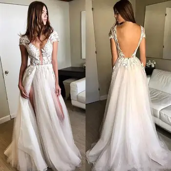 Vasarą V-kaklo Backless Vestuvių Suknelės, Bžūp Rankovėmis-Line Appliqued Tiulio Long Beach Nuotakos Suknelė Boho Ritininės Kamuolys Suknelė Vestuvių 2021