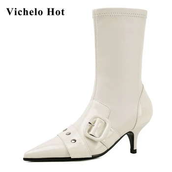 Vichelo Karšto 2020 naują atvykimo pažymėjo tne stiletto kulniukai sagtis papuošalai gentlewomen streetwear šiuolaikinės vidurio blauzdos batai L5a
