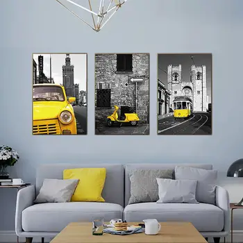 Šiaurės Drobės Tapybos HD Atspausdintos Nuotraukos Plakatas Statybos Ir Geltonas Automobilis Sienos Meno Kambarį Miegamojo Lovos Namų Puošybai