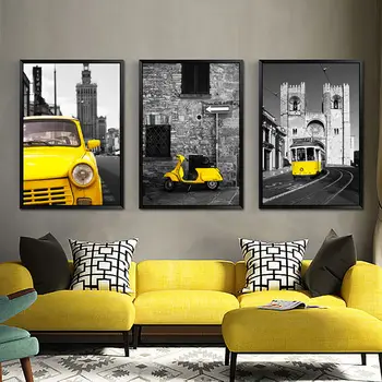Šiaurės Drobės Tapybos HD Atspausdintos Nuotraukos Plakatas Statybos Ir Geltonas Automobilis Sienos Meno Kambarį Miegamojo Lovos Namų Puošybai